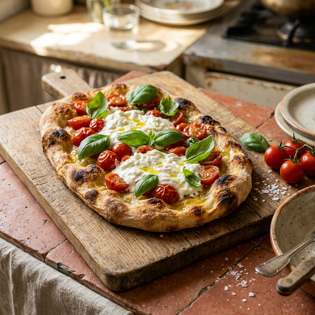 Pinsa condita con pomodorini e stracciatella fresca