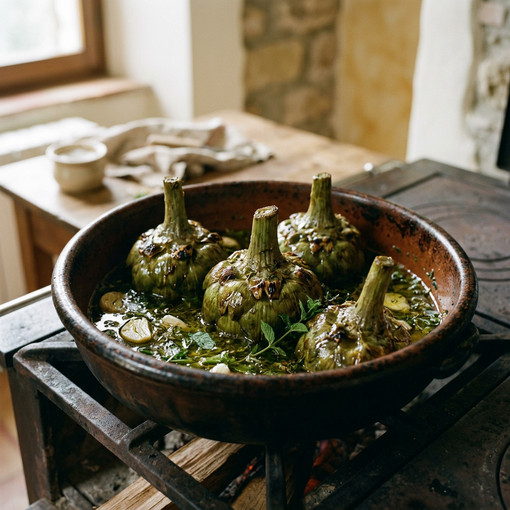 Carciofi alla romana nel tegame di cottura