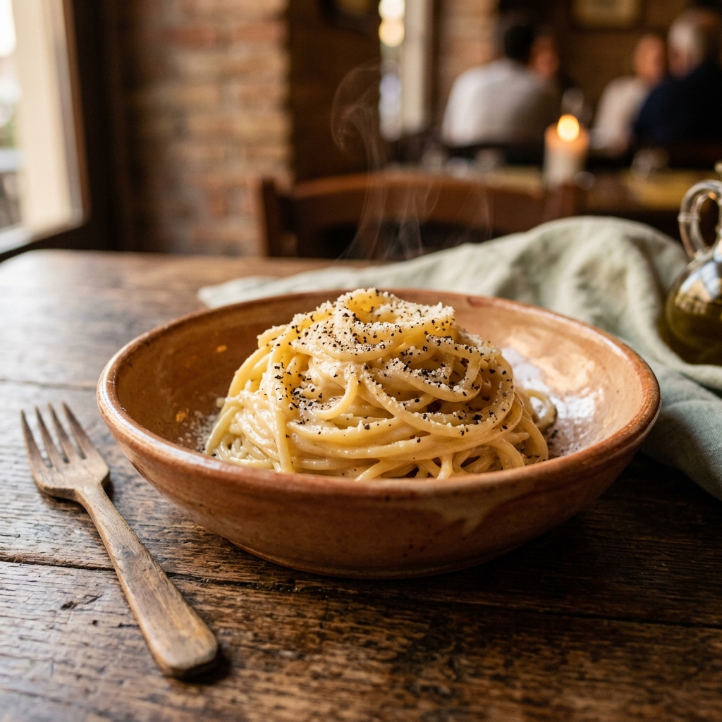 Piatto di cacio e pepe con pecorino e pepe