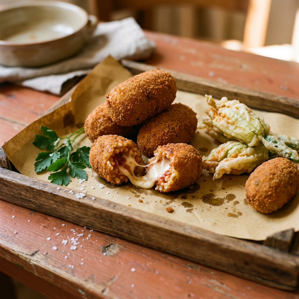 vassoio di supplì e fiori di zucca