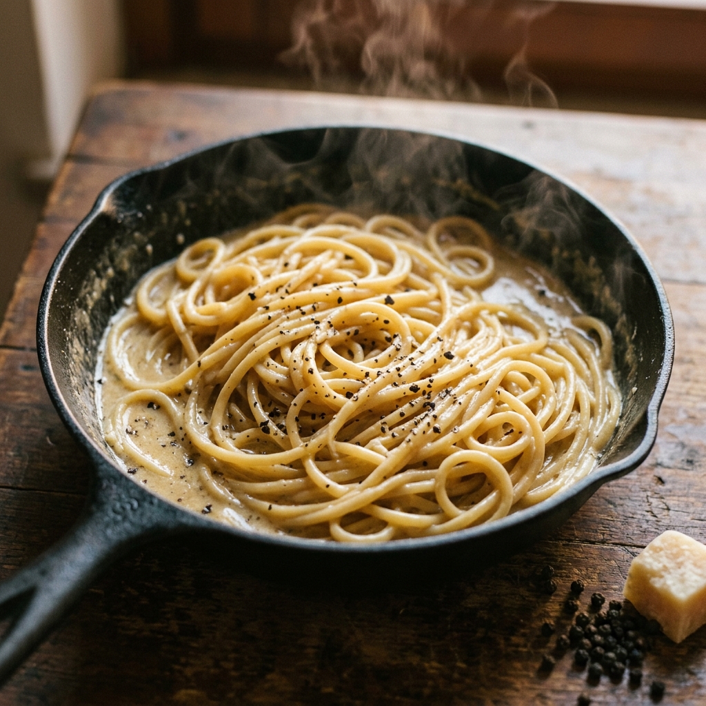 Pecorino e pepe in mantecatura