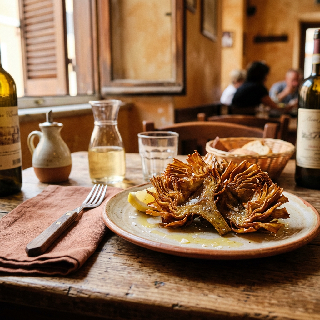 Tavolo di trattoria a Trastevere con carciofi