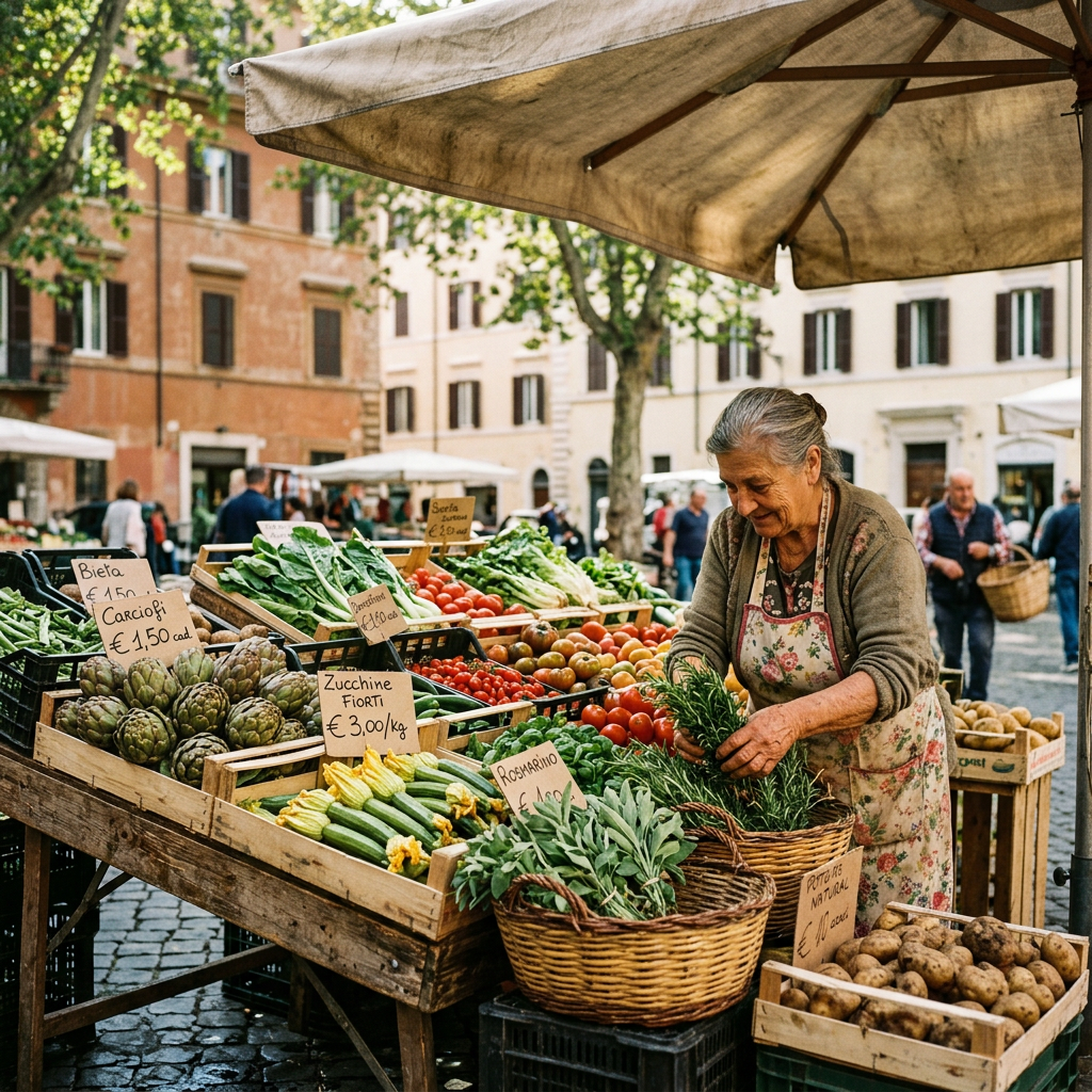 Bancarella al mercato di San Cosimato