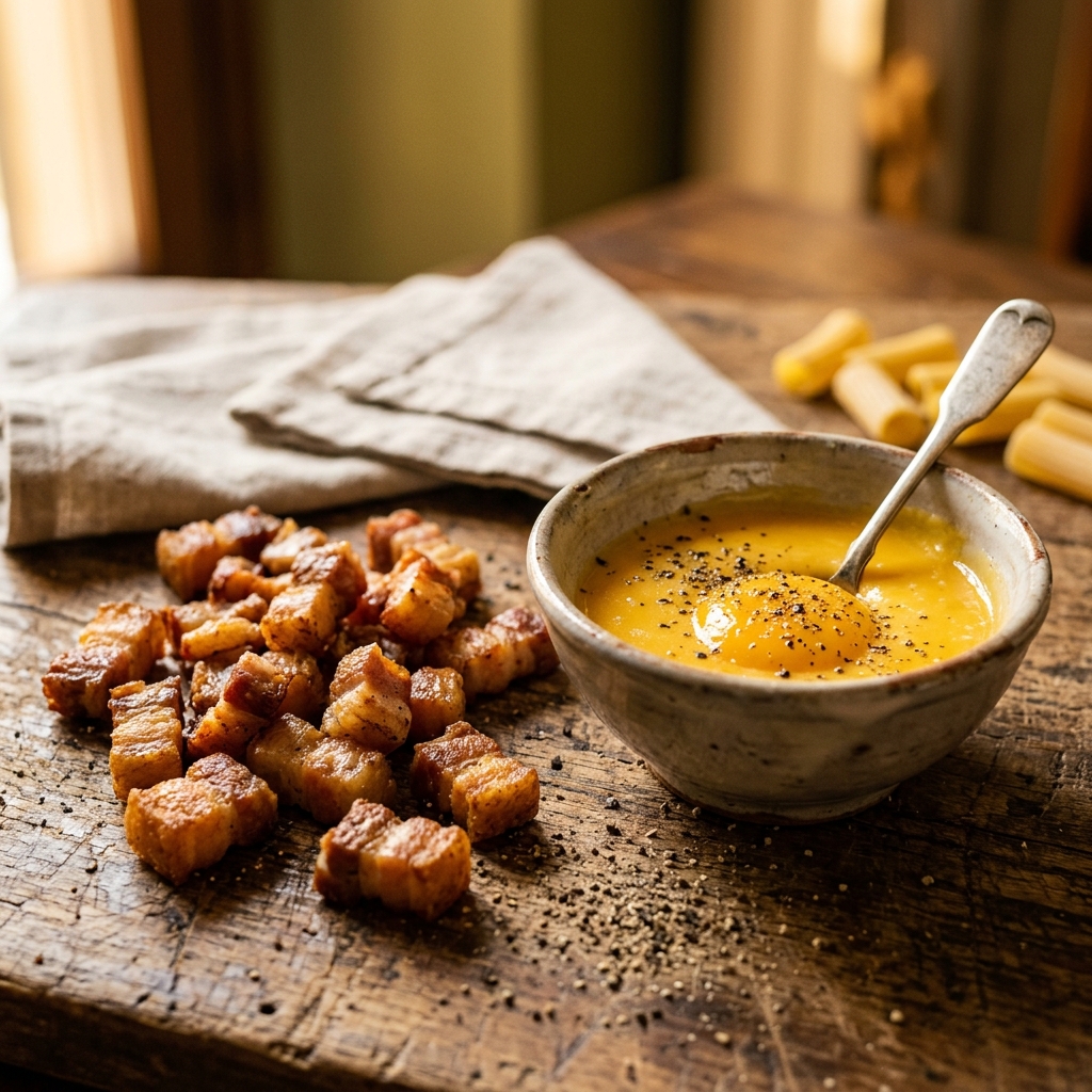 guanciale e crema d'uovo pronti